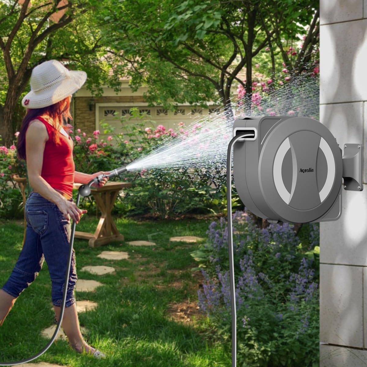 Automatischer Gartenschlauchaufroller Wandmontage Elektrisch | 30m+2m Schlauch, 180° Schwenkbar, Auto-Lock & Ein-Knopf-Aufrollung, 2500mAh Akku, Inkl. Halterung & Sprühdüse