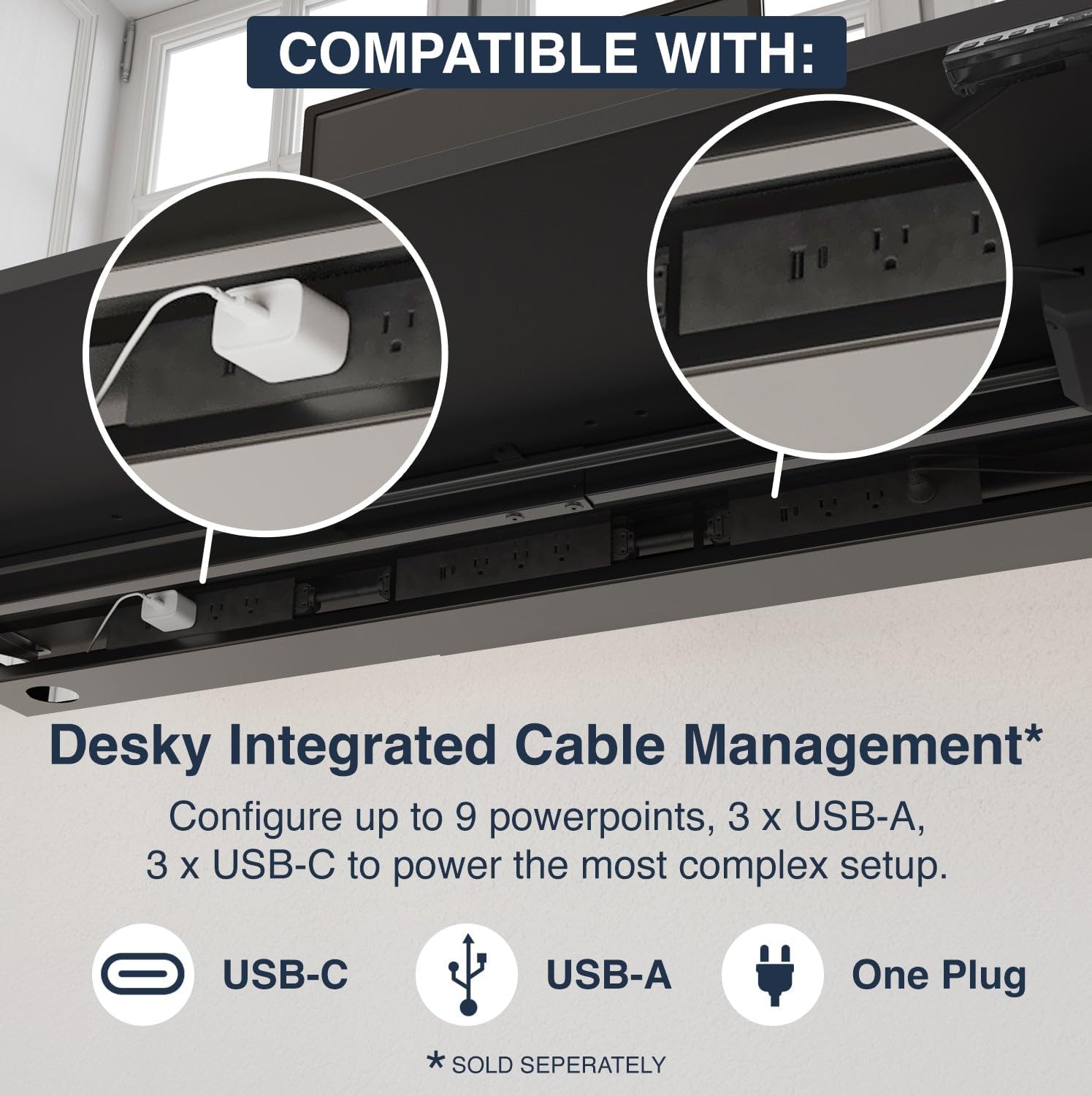 Underside view of the Desky Single Sit Stand Desk showing integrated cable management with USB-C, USB-A, and power outlets.