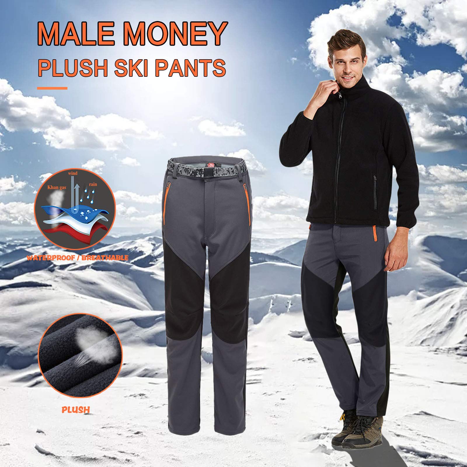 Pantalon de ski pour homme – Softshell doublé en polaire thermique – Pantalon d'hiver chaud pour le ski, la randonnée et la marche en plein air avec doublure en polaire