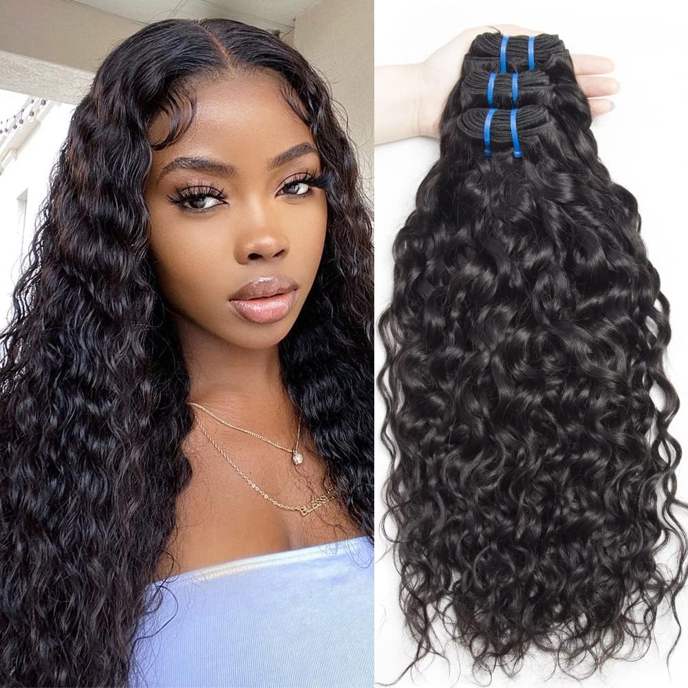 Water Wave Bundles Human Hair Deep Wave Bundles 12A Brazilian 100% Unprocessed Virgin Human Hair Wet and Wavy Bundles Double Weft Curly Weave 3 Bundles Natural Black 24 26 28 Inch