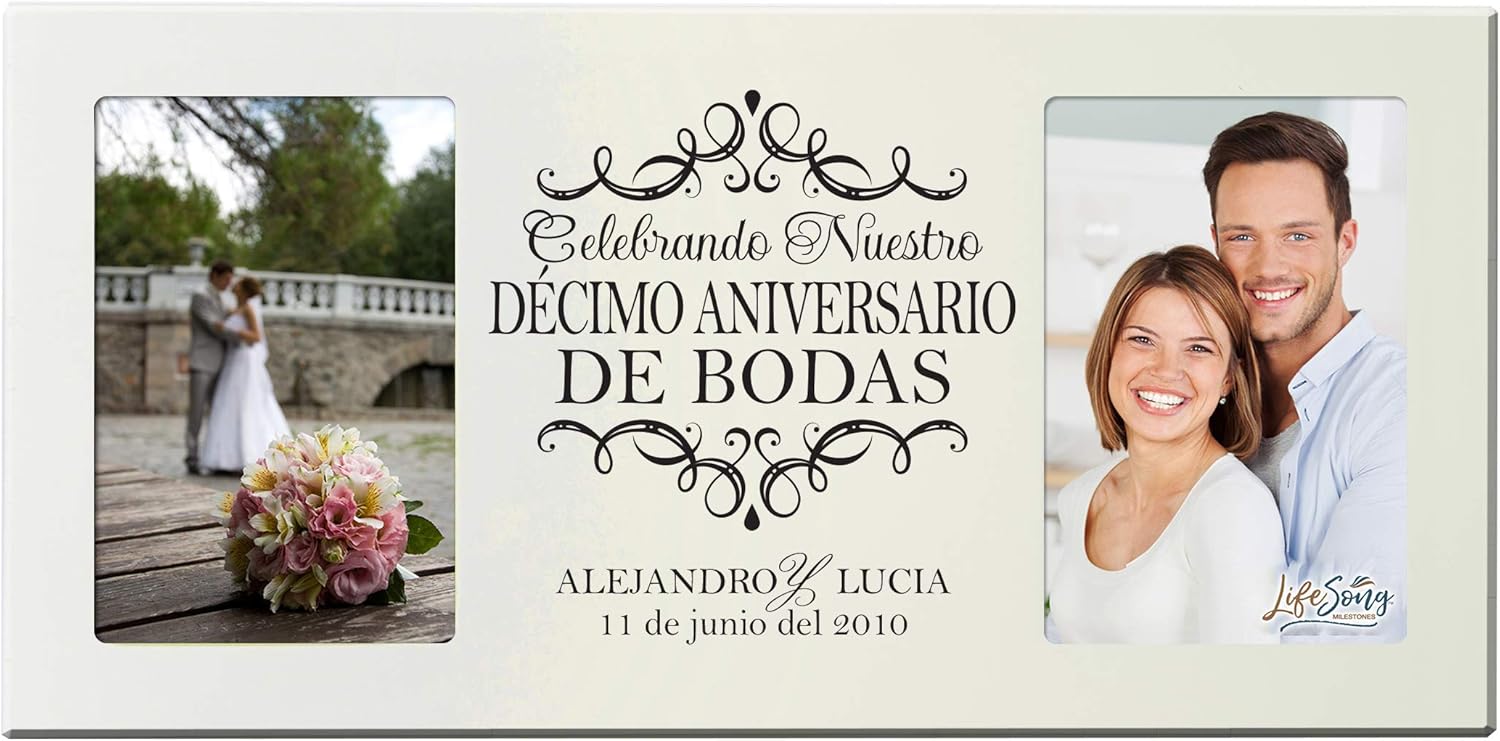 LifeSong Milestones Personalized 10th Anniversary Picture Frame Marriage Keepsake Gift with Spanish Verse - Ten Years Wedding Gift for Parents Husband Wife Him Her Holds 2-4x6 Photo (Cherry)