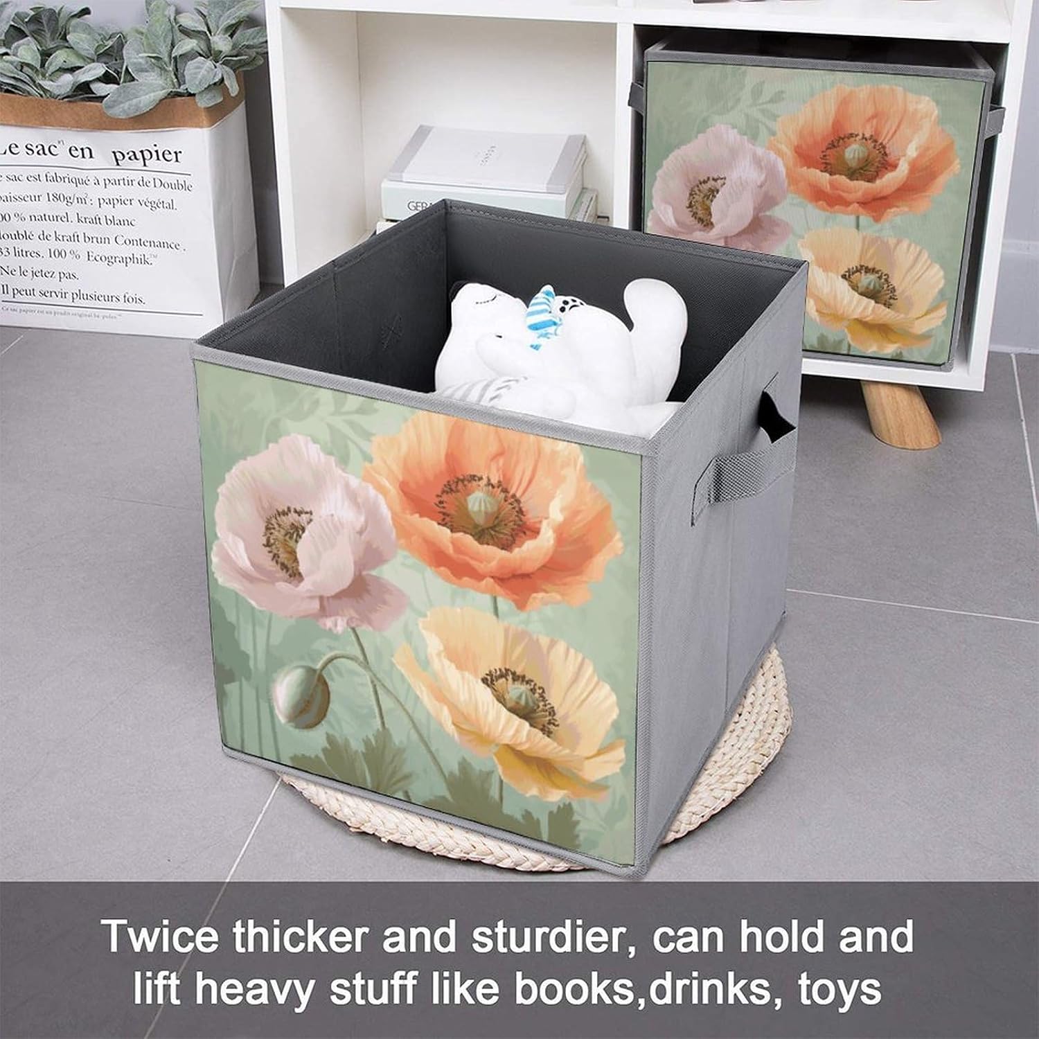 Pastel Poppies Storage Cubes Set of 6 Storage Bins with Handles Collapsible Storage Basket Fabric Storage Box for Shelves Large Closet Shelf Organizer for Organization 11 Inch