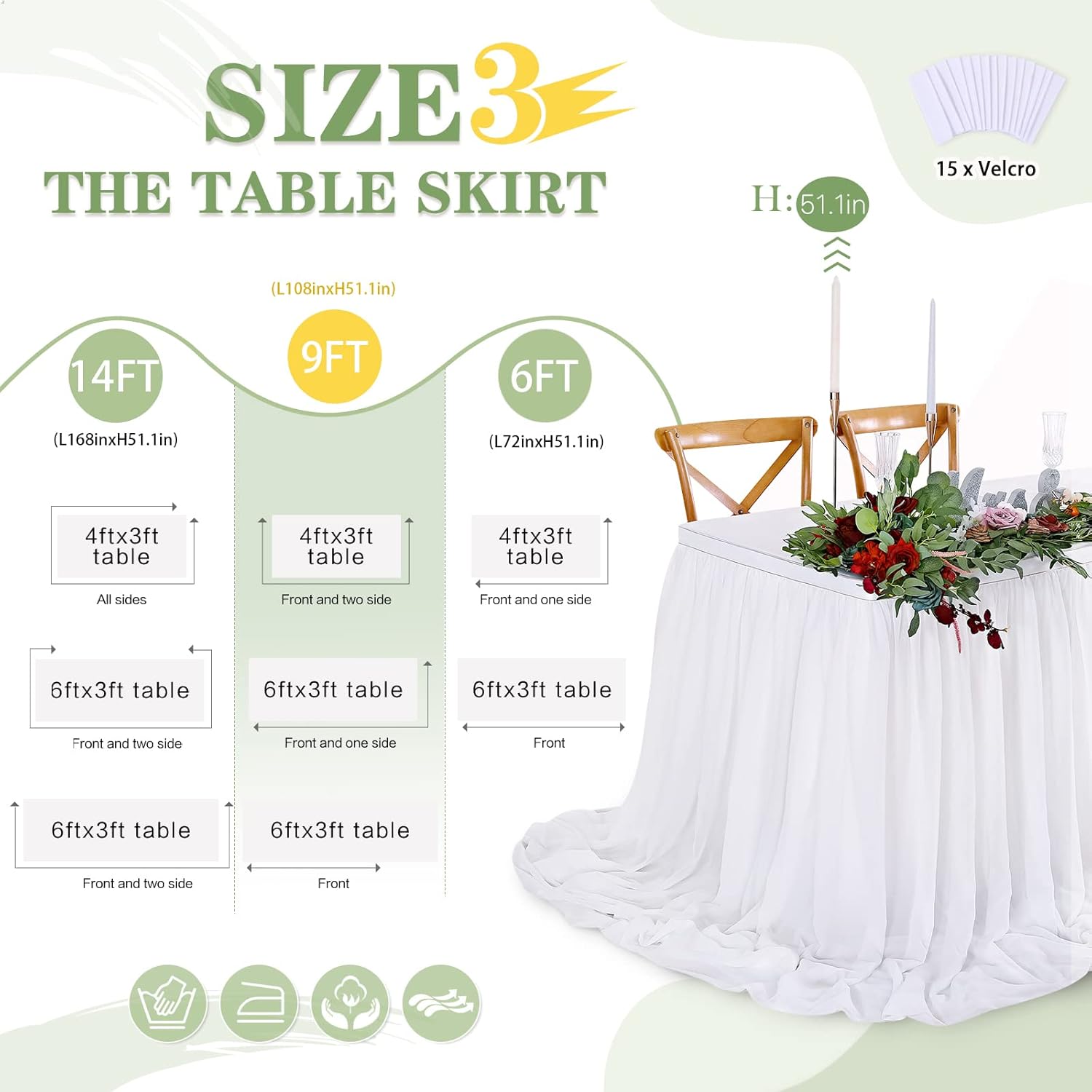 White Table Skirt for Rectangle Tables Chiffon Table Skirt 9FT Sheer Tablecloth for Birthday Party Sweetheart Cake Table Decoration Wedding Table Skirt