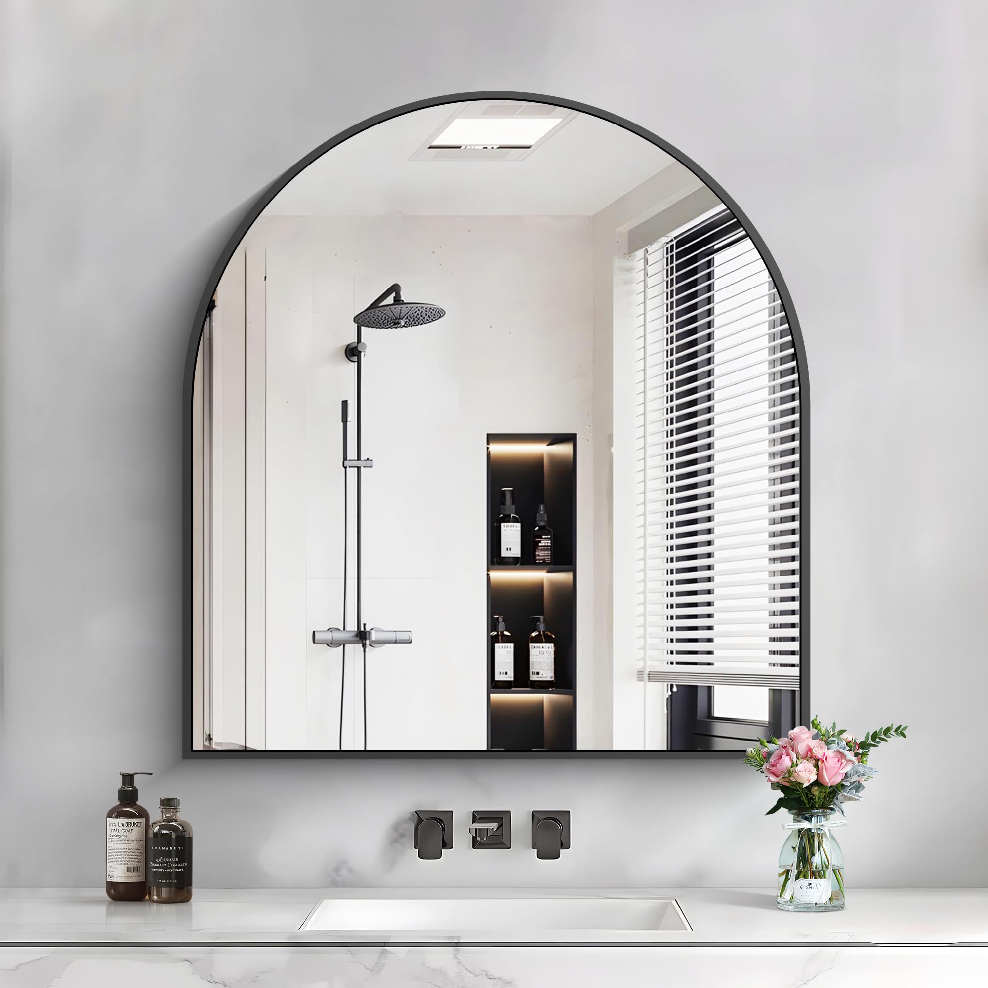 COFENY Arched Mirror, 31"x33" Black Bathroom Mirror with Metal Frame, Wall Mounted Mirrors Decor Modern Dresser Mirrors for Bedroom Living Room Entryway