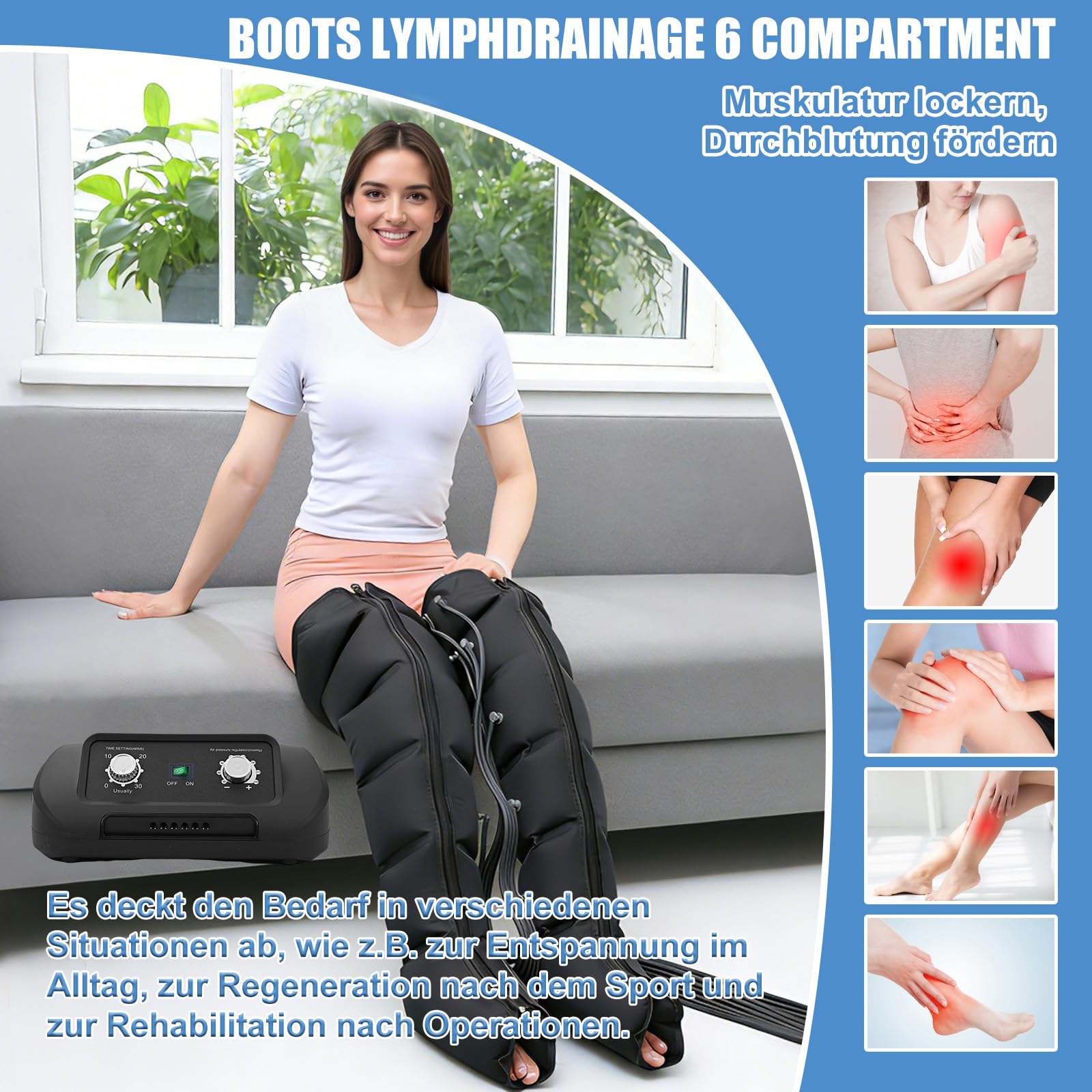 Lymphdrainage Gerät für Beine und Bauch, 6 Kammern Professionelles Beinmassagegerät für Lymphdrainage Lipödem, 30-240mmHg Einstellbarer Druck (Schwarz Beine, L)