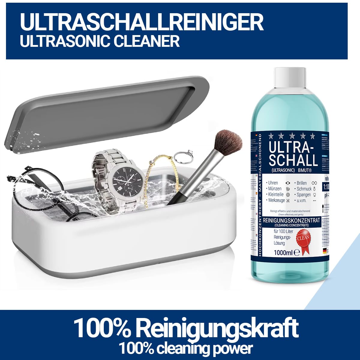 Lot de 2 nettoyants à ultrasons concentrés de 1000 ml | Liquide | pour lunettes, montres, bijoux, prothèses dentaires, etc. dans un bain à ultrasons