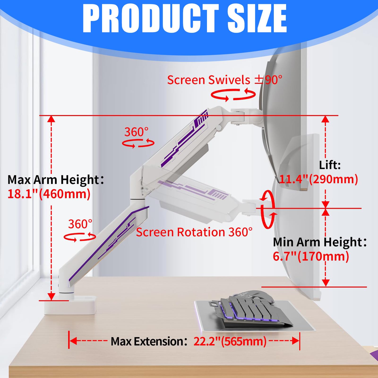 Brazo de monitor con resorte propulsado por aire para 33-124.5 cm