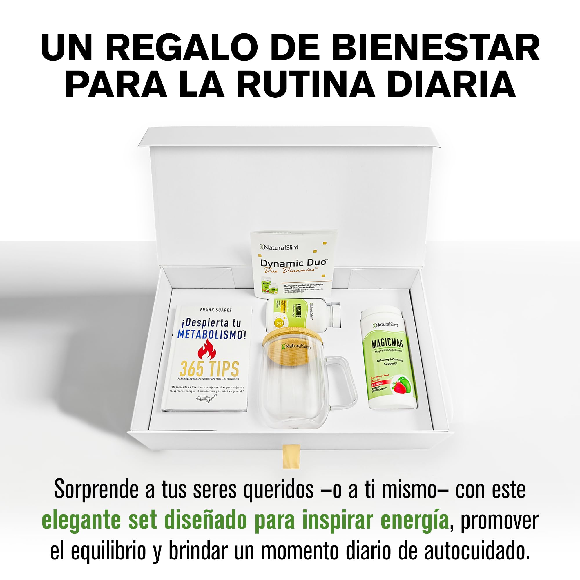 NaturalSlim Dynamic Duo, Set de regalo, MagicMag magnesio en polvo, Kadsorb citrato de potasio, taza de cristal, Libro Despierta tu Metabolismo, Set de bienestar educativo inspirado por Frank Suarez