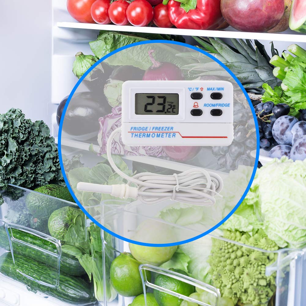 Termómetro digital para frigorífico o congelador, 2 unidades, con alarma de advertencia de temperatura y función máxima mínima y cable de 1,2 m, medidor de temperatura del refrigerador para monitorear