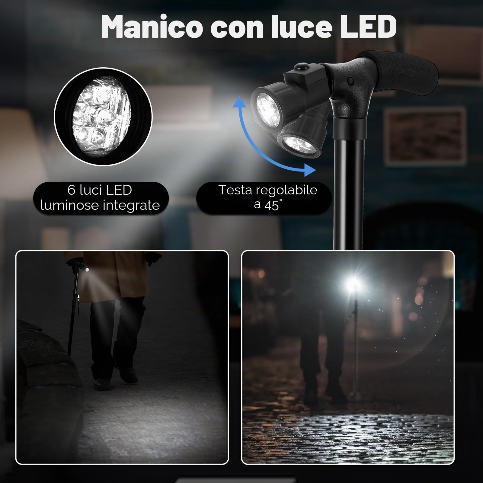 Bastone pieghevole con luce a LED, Ohuhu Bastone Passeggio Pieghevole Regolabile in Altezza per il Trasporto, con cuscino a T e base girevole, con borsa di stoccaggio
