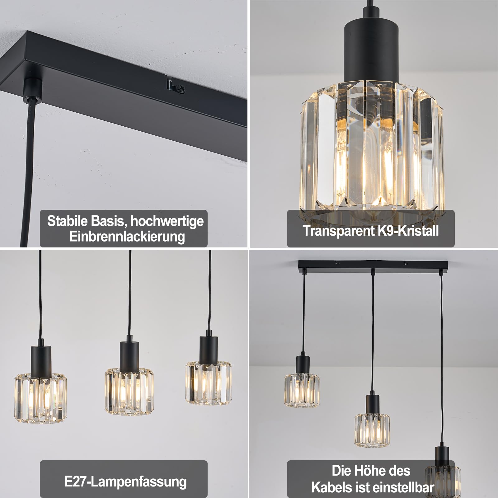 Suspension noire Lampe suspendue pour table à manger Lampe suspendue à 3 ampoules E27 Lampe de cuisine rétro Lampe de salle à manger Lampe de salon Lampe suspendue industrielle (Transparent)