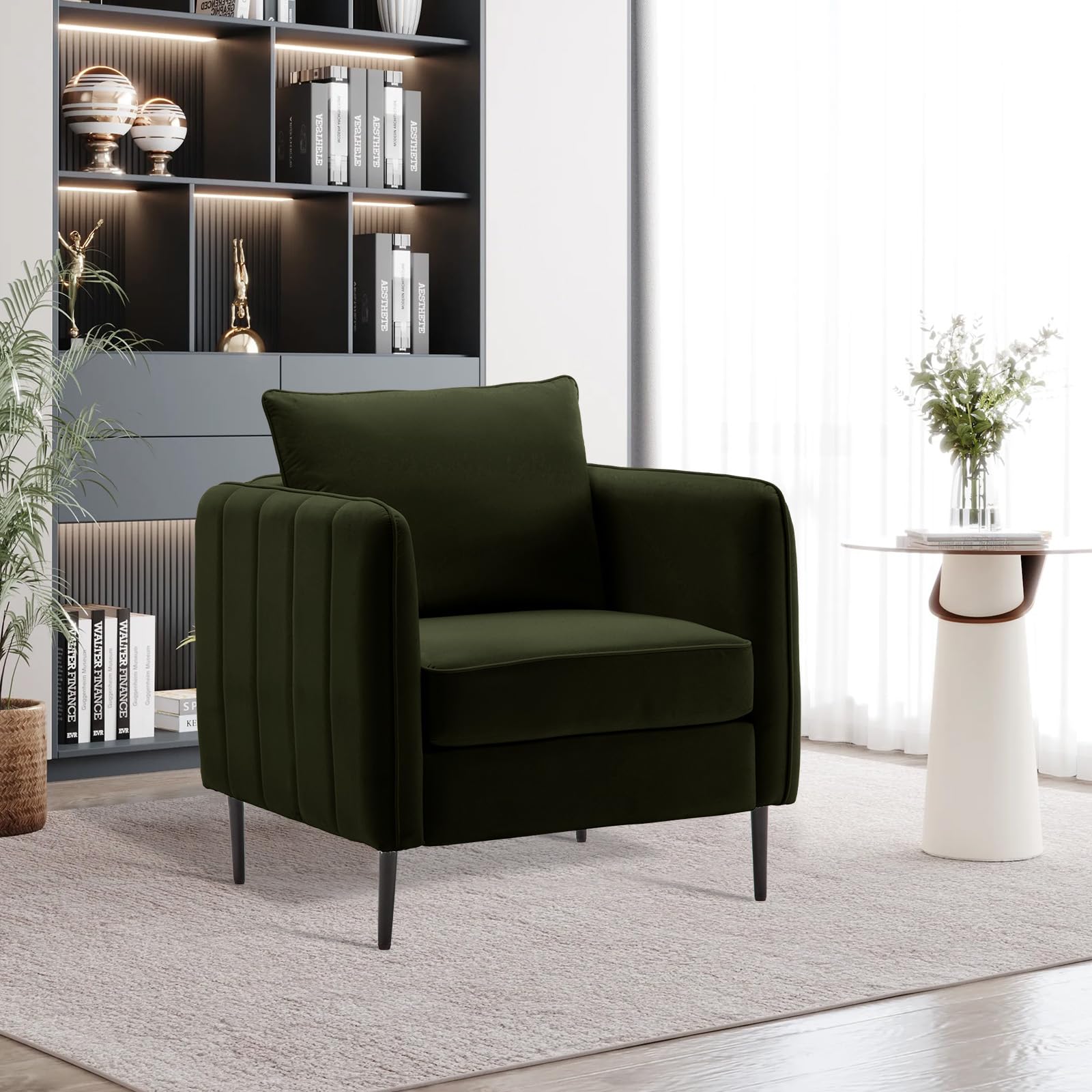 RXRRXY Modern Velvet Accent Chair, Single Sofa Chairs Armchair with Square Arm, Upholstered Accent Chairs for Living Room, Bedroom, Apartment (Olive