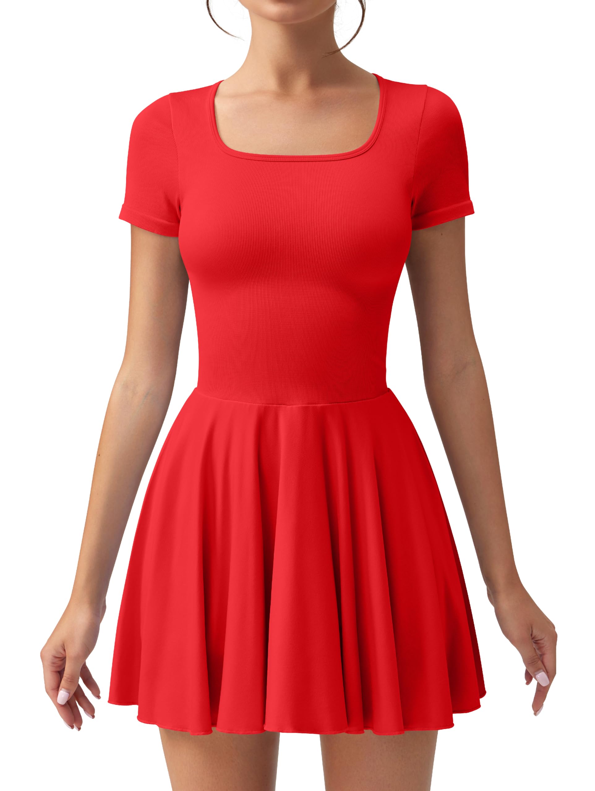 OQQ Women's Square Neck Ruffle Hem Mini Dress Summer Short Sleeve with Shorts Party Dresses