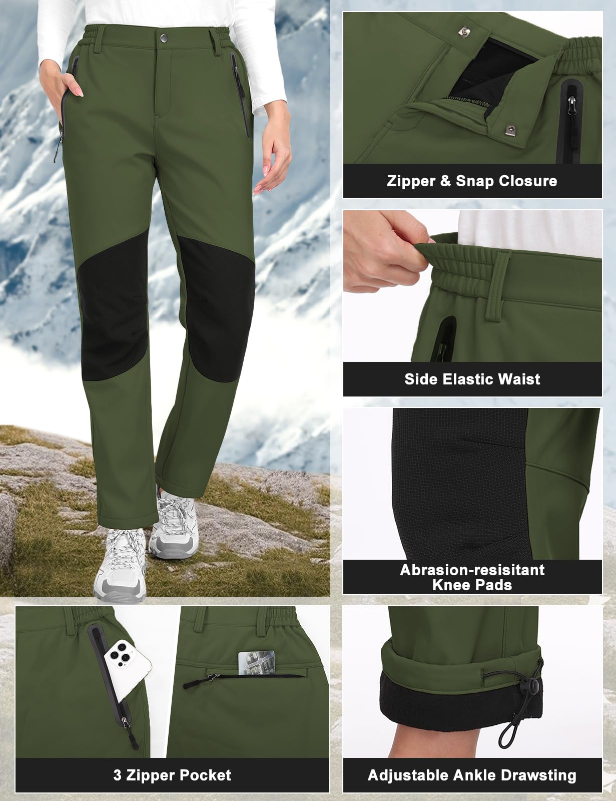 CMTOP Pantalon Randonnée Femme Hiver Imperméable Pantalon Ski Doublé Polaire Pantalon Chaude Softshell Pantalon Montagne de Pluie Trekking Sports Travail avec Poches Zippées