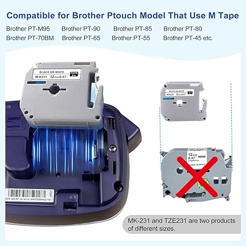 Miniatura 9 de Womiten Paquete de 5 cintas M de 0.47 pulgadas 0.47 M-K231s compatibles con cinta Brother M de 0.472 in 0.47 blanco M-k231 MK-231s, negro sobre