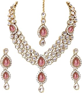 18k Gold Plated Kundan Wedding Party Wear Stylish Necklace Jewellery Set for Women