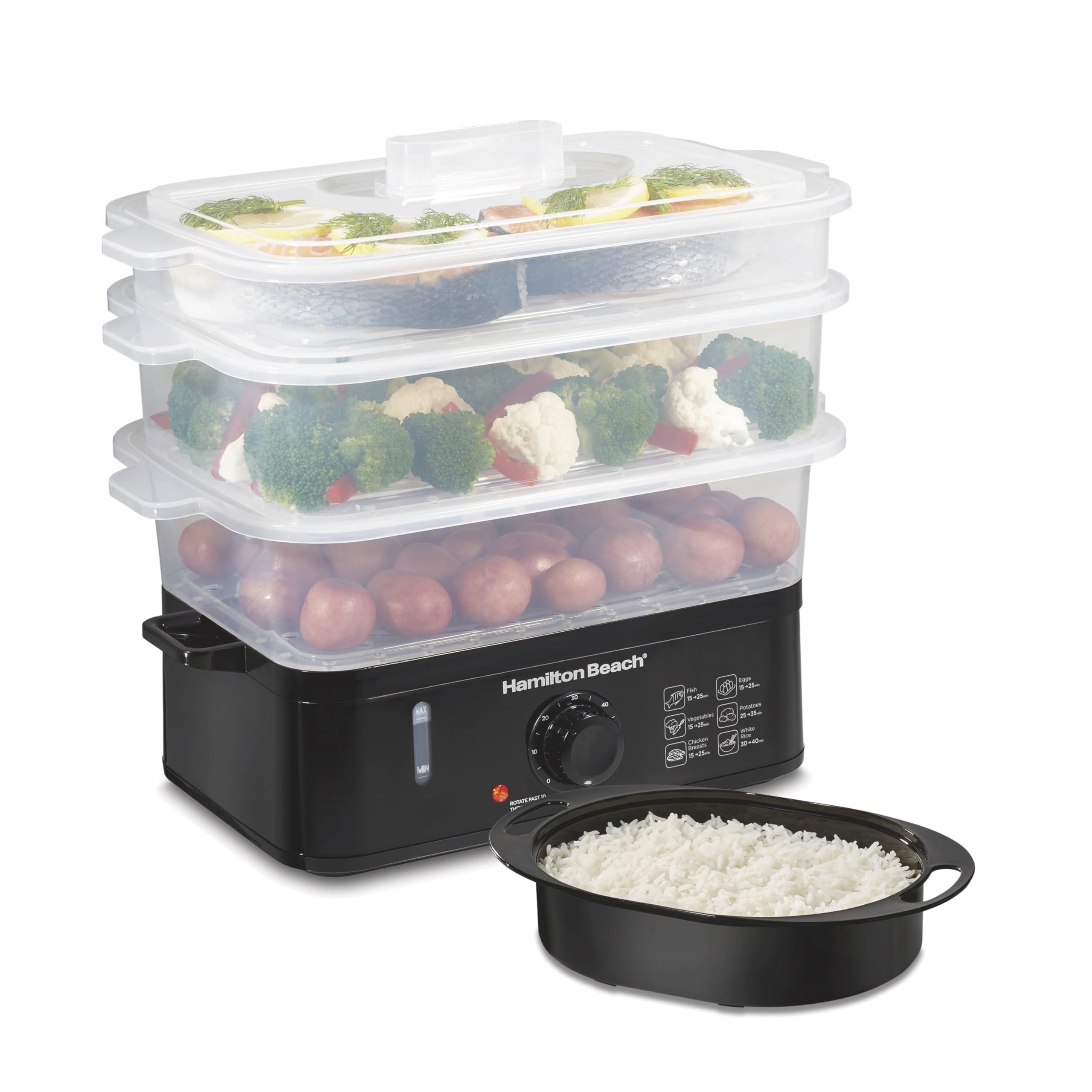 (未使用･未開封品)Hamilton Beach デジタル電気フードスチーマー&炊飯器 野菜やシーフードの迅速でヘルシー調理 積み重ね可能な2段ボウル 5.5クォート ブラック&ス Amazon.com: Hamilton Beach Electric Food Steamer, Rice