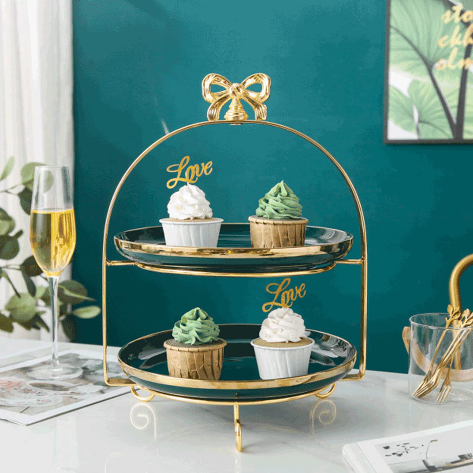 Alzata per Cupcake in Ceramica, Alzata a 2 Livelli per Dessert e antipasti per Feste di Matrimonio, Feste di Compleanno, Decorazioni per la casa, Verde Little Surprise