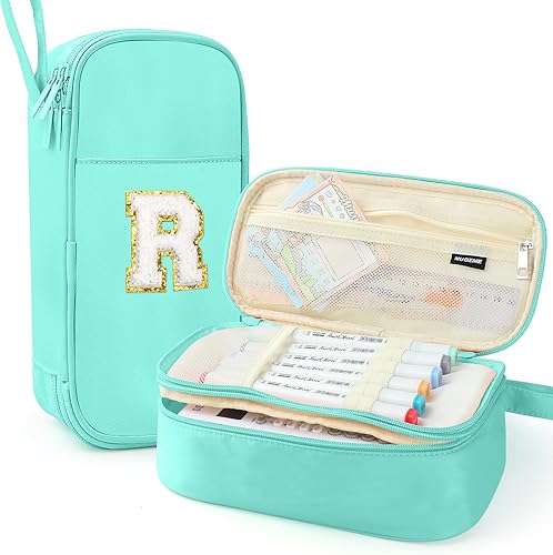 Miniatura 93 de Estuche para lápices extragrande, bolsa de gran capacidad, bolsa de lápices personalizada con inicial con cremallera suave, múltiples bolsillos