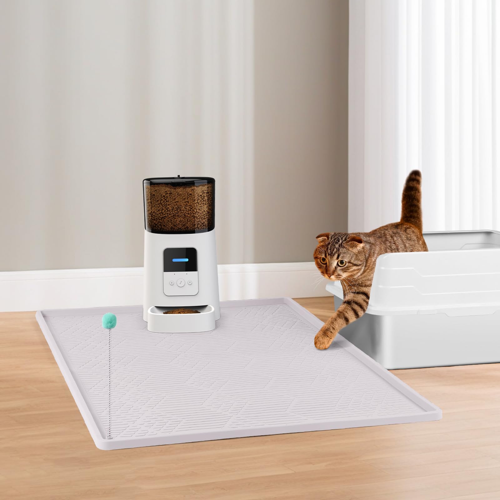 86x56CM Tappetino Lettiera Gatto Silicio con Bacchetta giocattolo per gatti, Tappeto per lettiera gatto grande impermeabile lavabile per raccogliere la lettiera gatti(bianco)