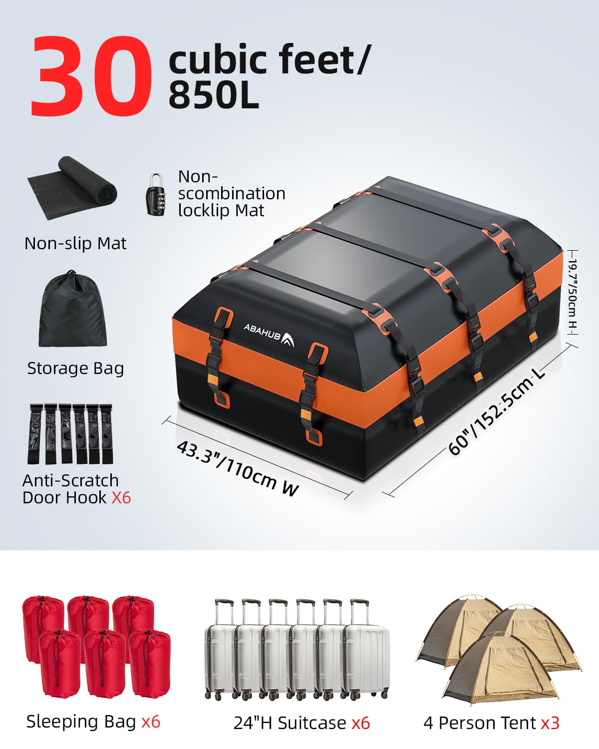 Abahub Auto Dachbox 840D Weich Faltbare wasserdichte Dachtasche mit Türhaken, Rutschfester Matte,Aufbewahrungstasche für Alle Autos mit/ohne Gepäckträger (850L)