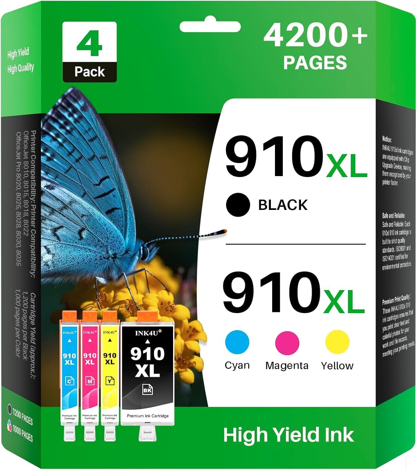 INK4U 910XL Ink Cartridges Combo Pack Compatible Replacement for HP 910XL 910 Ink Cartridges to Use with HP OfficeJet Pro 8020 8025 8028 8030 8035 8010 8015 8018 8022 Printer (1BK/1C/1M/1Y, 4 Pack)