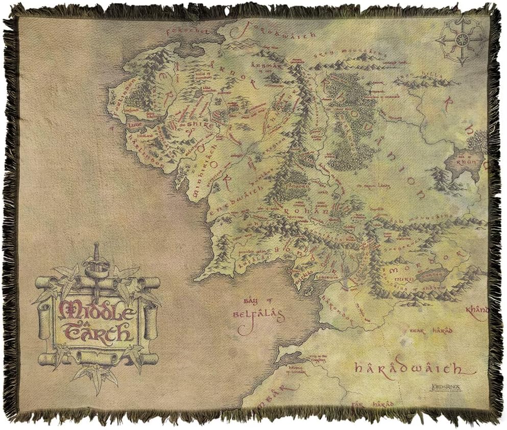 LOGOVISION The Lord of The Rings Blanket, 50"x60" Map of Middle Earth Woven Tapestry Cotton Blend Fringed Throw Blanket