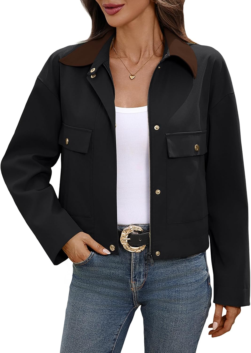 Women's Cropped Zip up Jacket Contrast Collar Long Sleeve Snap Button Oversize Causal Jackets Utility Pockets