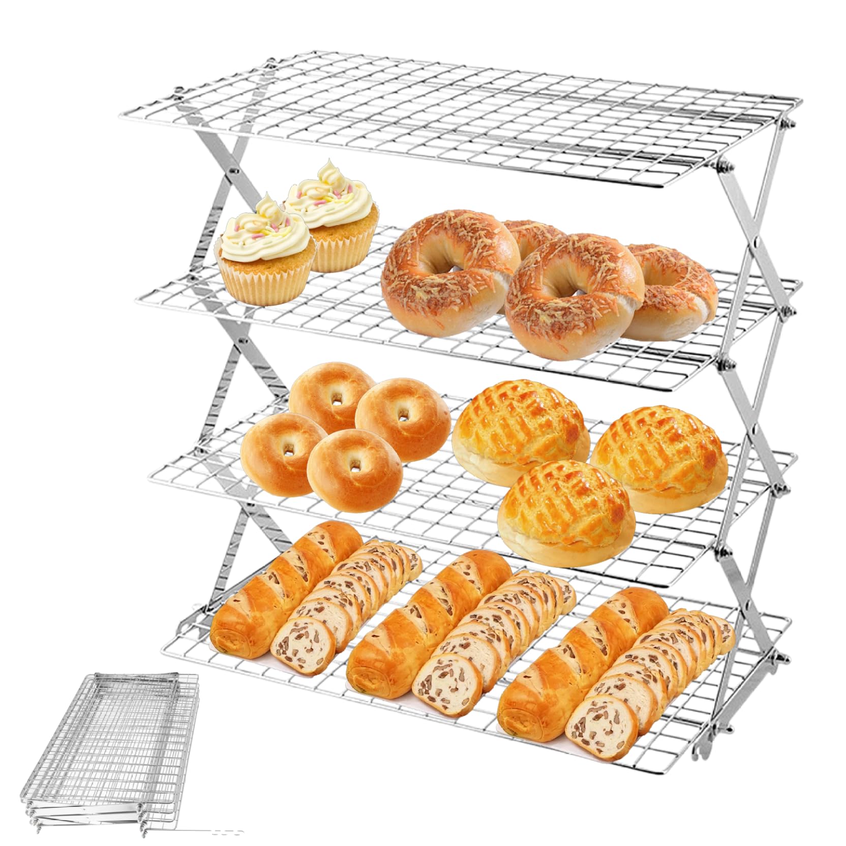 Rejillas de enfriamiento plegables para hornear Rejilla de enfriamiento para hornear de hierro hueca de 4 niveles con espacio ajustable Rejilla para galletas en forma de X para pasteles, panqueques