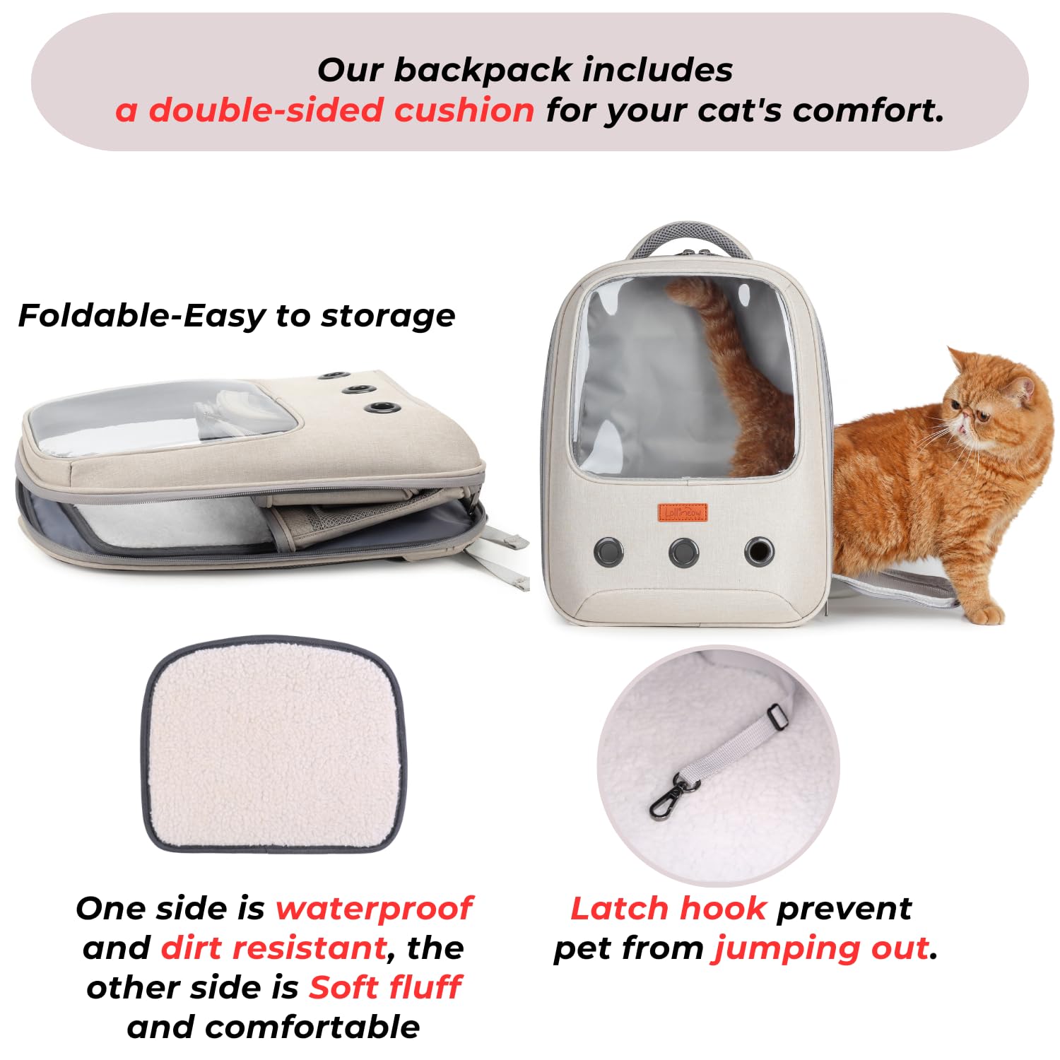 Lollimeow Katzen-Rucksack Hunderucksack für Katzen und Kleine Hunde - Fluggesellschaften zugelassen, Ideal für Katzen und Welpen, Beige
