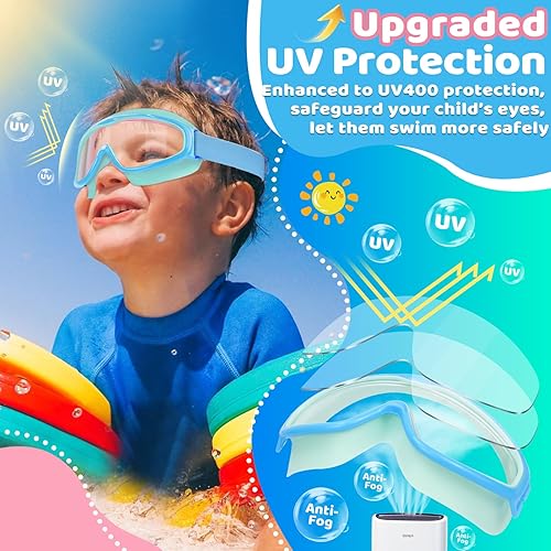 Miniatura 7 de Vvinca Gafas de natación para niños con correa de tela cómoda, visión amplia, antivaho, UV, sin fugas, para 3-14 años