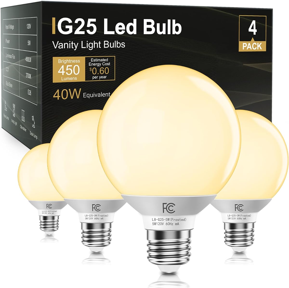 TJOY G25 LED Globe Light Bulbs, Vanity Bulb for Bathroom 40W Equivalent | 2700K Soft Warm White E26 Base, Round Decorative Bulb for Vanity Makeup Mirror, CRI85+, 450LM, Non-Dimmable, UL, 4 Pack