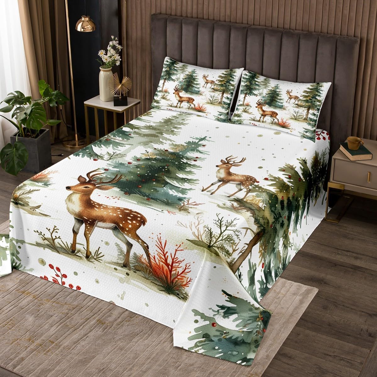 Cute Rustic Deer Kids Bedspread Queen Size,Xmas Pine Trees