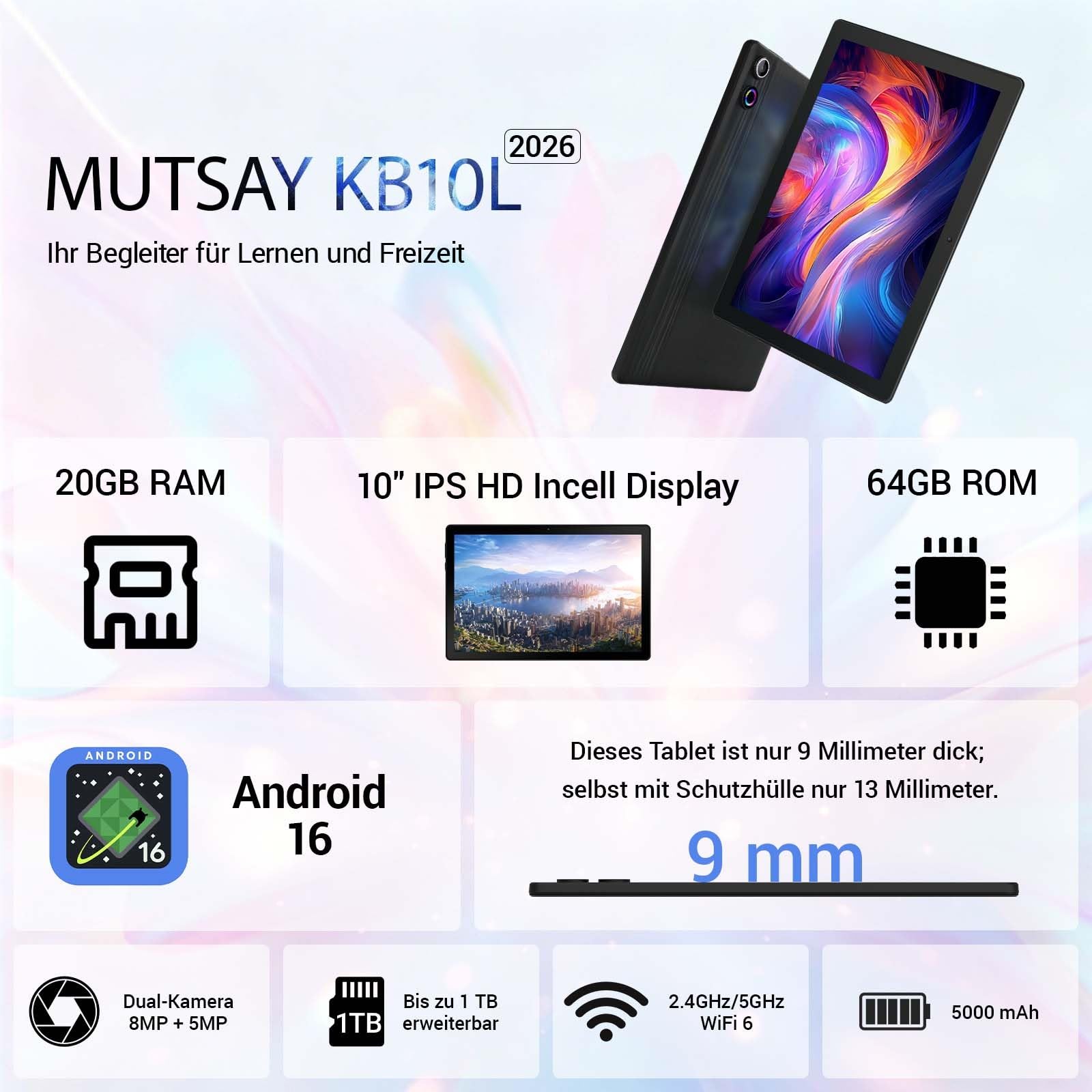 Tablet 10 Zoll Android 16 Tablets PC mit Schutzhülle Tastatur Maus Stift Kopfhörer Netzteil Kabel 20 GB RAM 64 GB ROM IPS 1280x800 Dual-Kamera 5 MP+8 MP 5000 mAh WiFi 6 BT 5.4 (Schwarz)