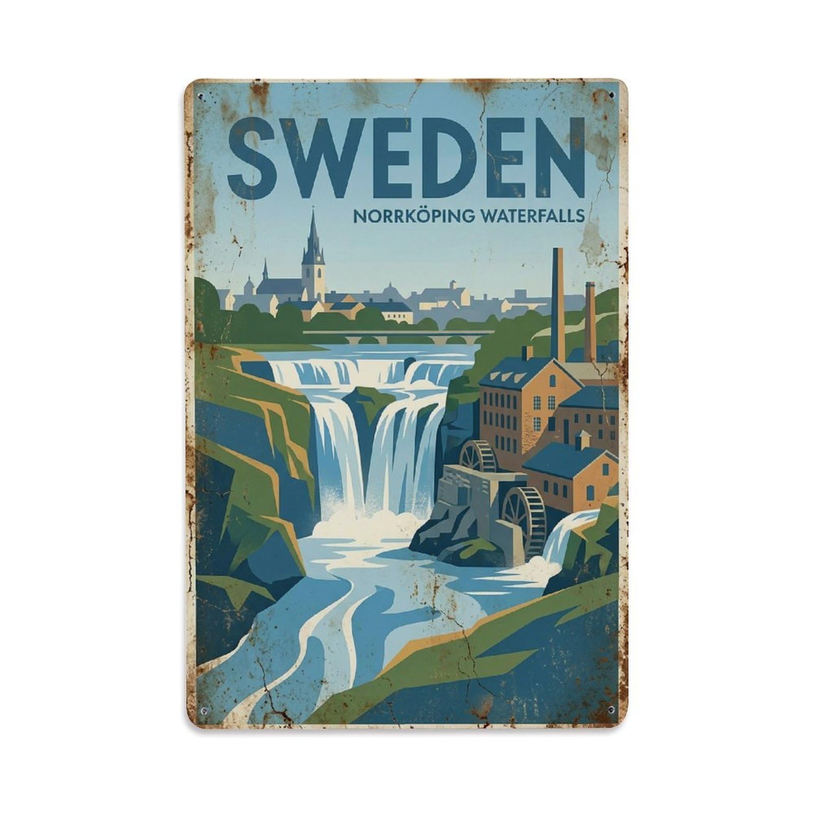 Vintage Travel Norrkoping Sweden Waterfalls Metal Tin Sign
