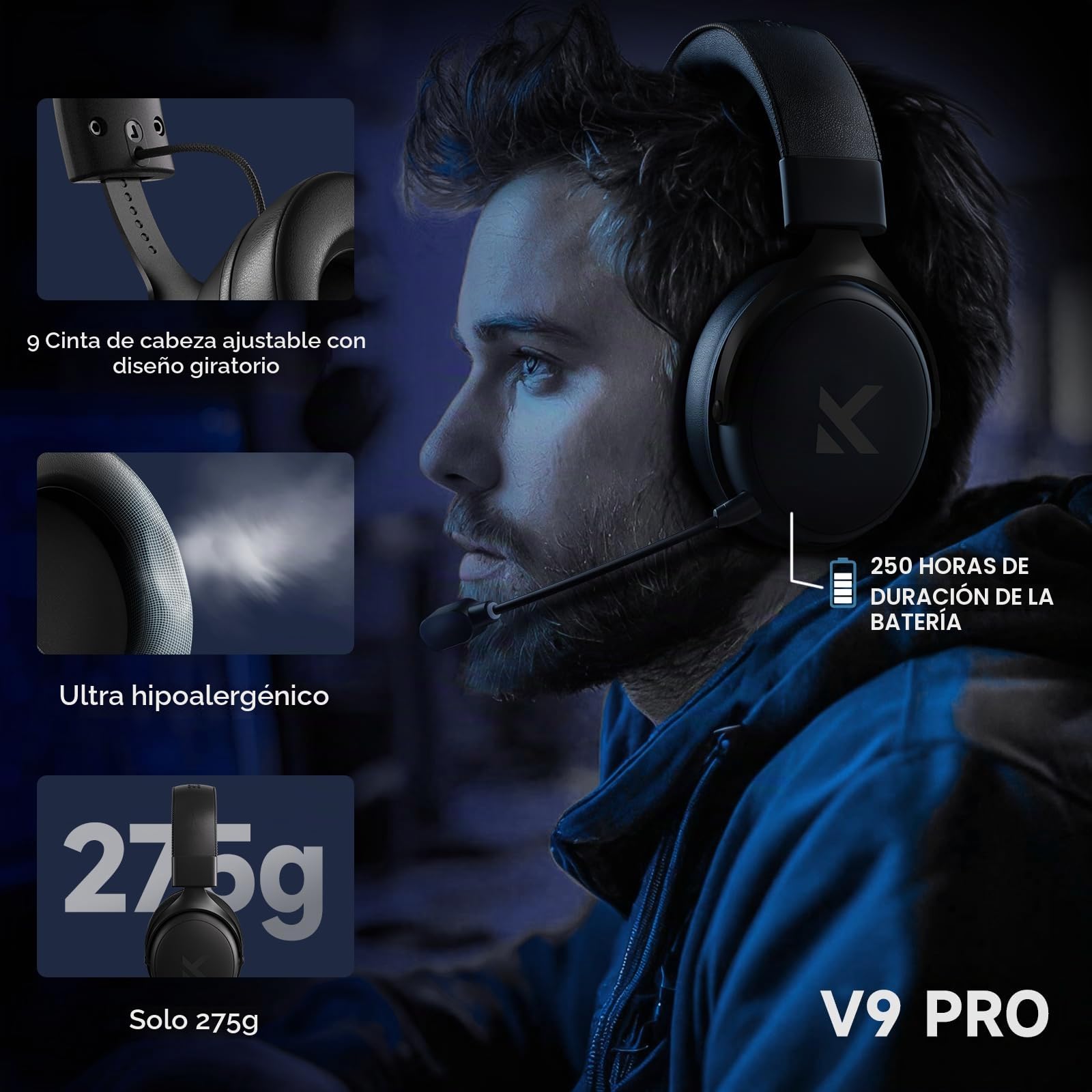MCHOSE V9 Pro Auriculares Gaming, Son Surround 7.1, Controladores de Audio 53 mm, Micrófono Desmontable, Banda Ajustable, Ligero, USB-C con Cable, 2.4G / BT Inalámbrico, para PC, Mac, PS5, PS4, Switch
