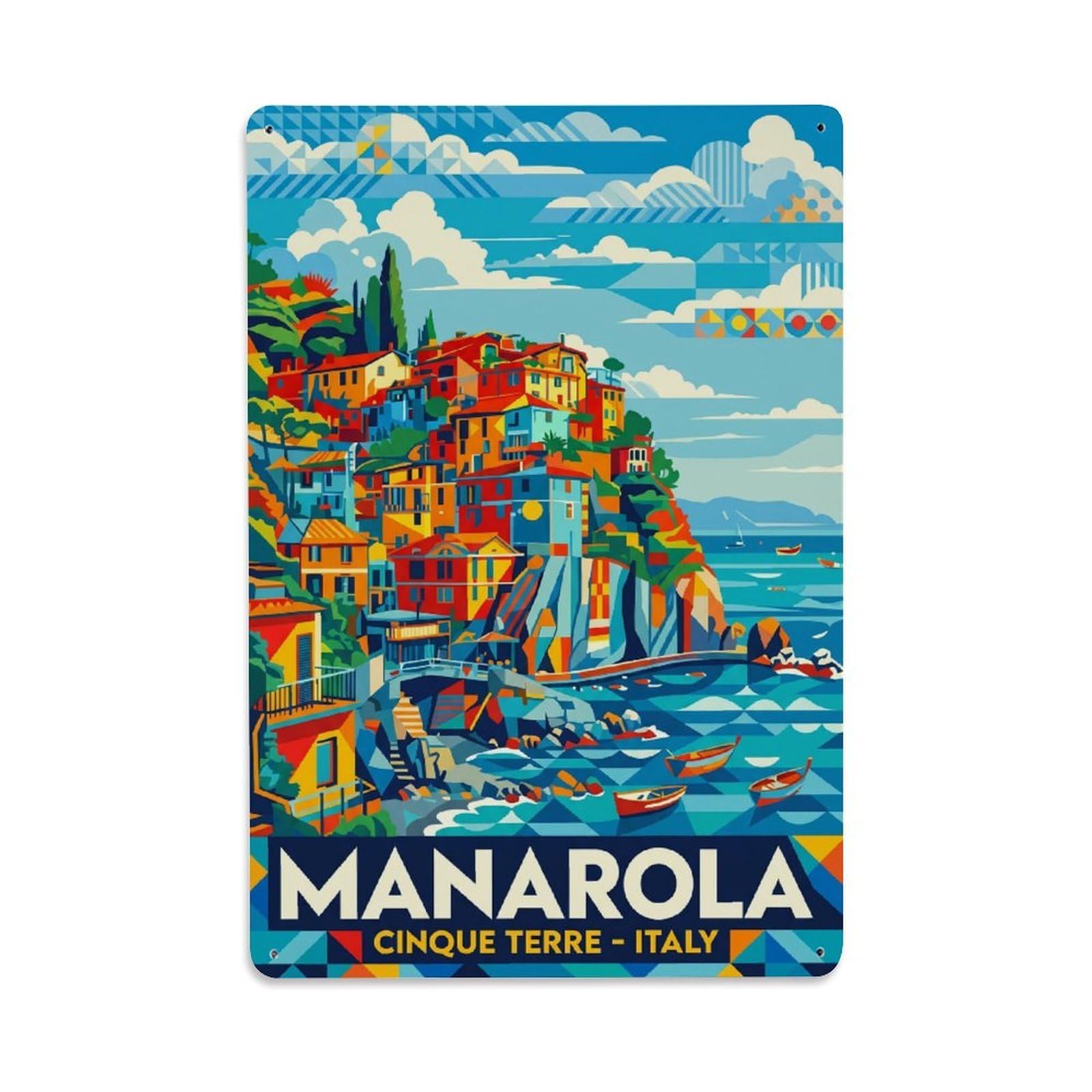 Huiyhb 8X12inch(20X30cm) Vintage Travel Manarola Italy Geometric Metal Tin Sign