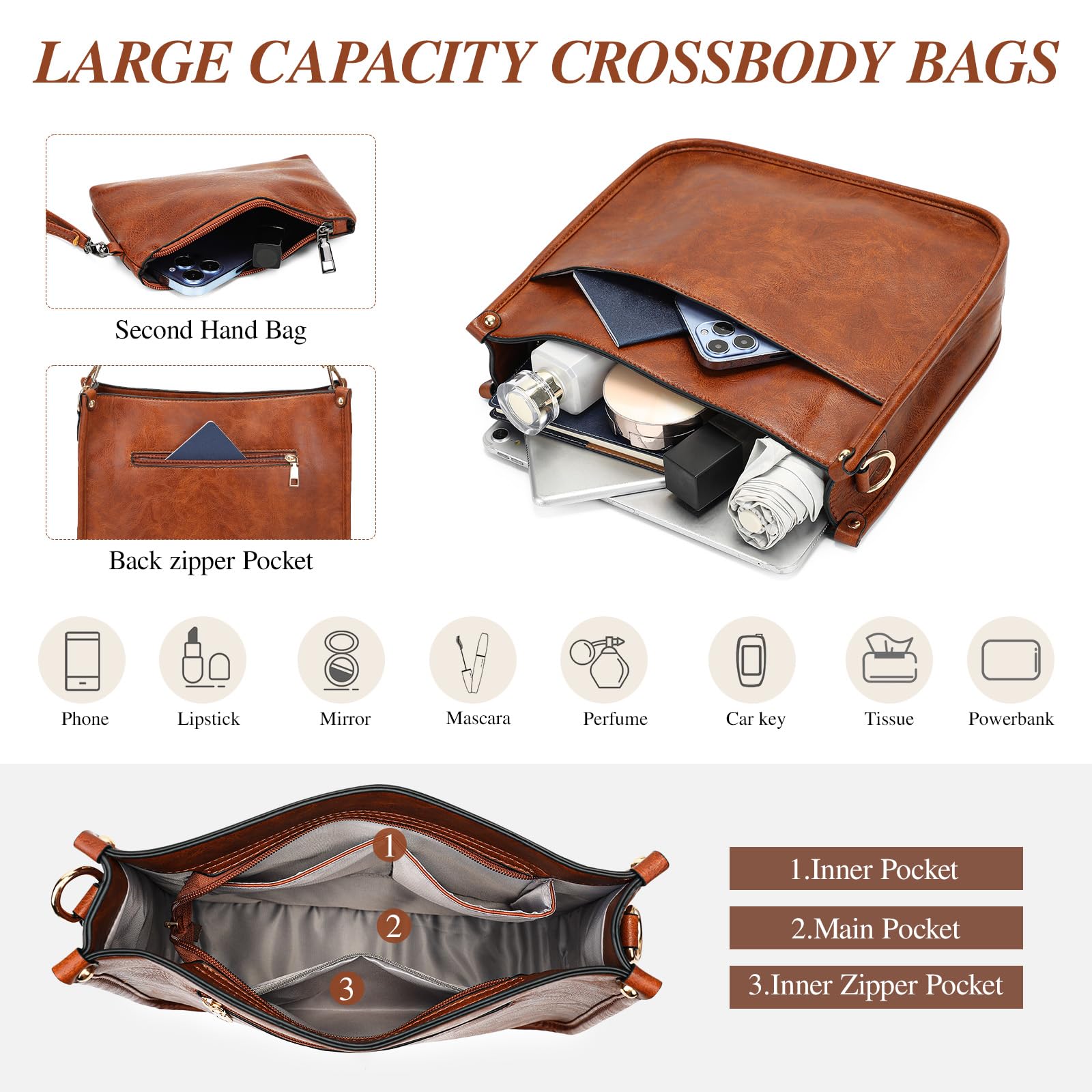 BAIGIO Bolso cruzado para mujer, de cuero vegano, de moda, para mujer, bolsos y cartera, 2 piezas con correa para el hombro de guitarra