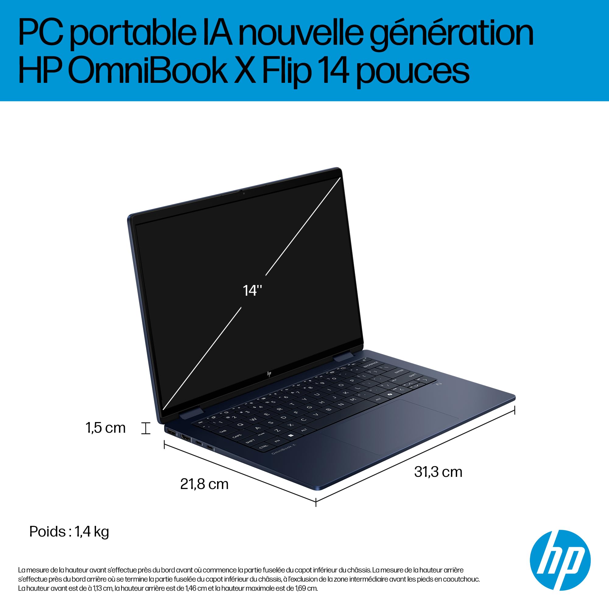 HP OmniBook X Flip 14-fm0000sf Ordinateur Portable 14" 2K OLED Tactile, PC Portable (Intel Ultra 5-226V, RAM 16 Go, SSD 512 Go, Intel Arc 130V GPU, Windows 11), Laptop Bleu, Clavier AZERTY