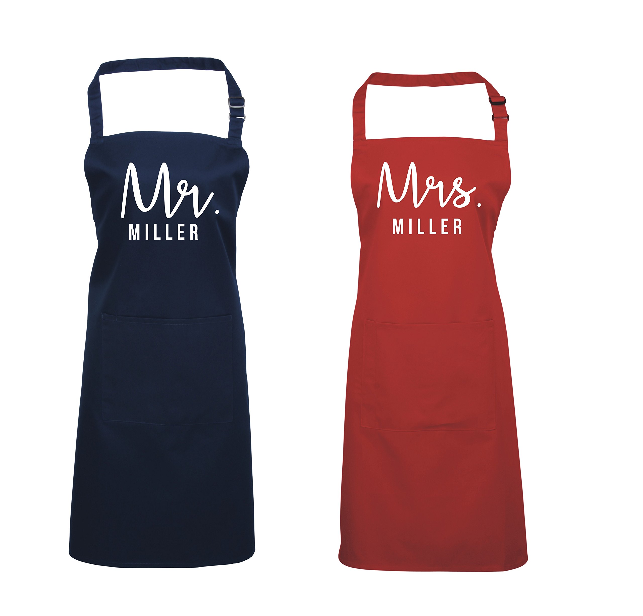 Edward Sinclair Personalised Mr. & Mrs. Apron Set - Navy MR/RED MRS with White Print