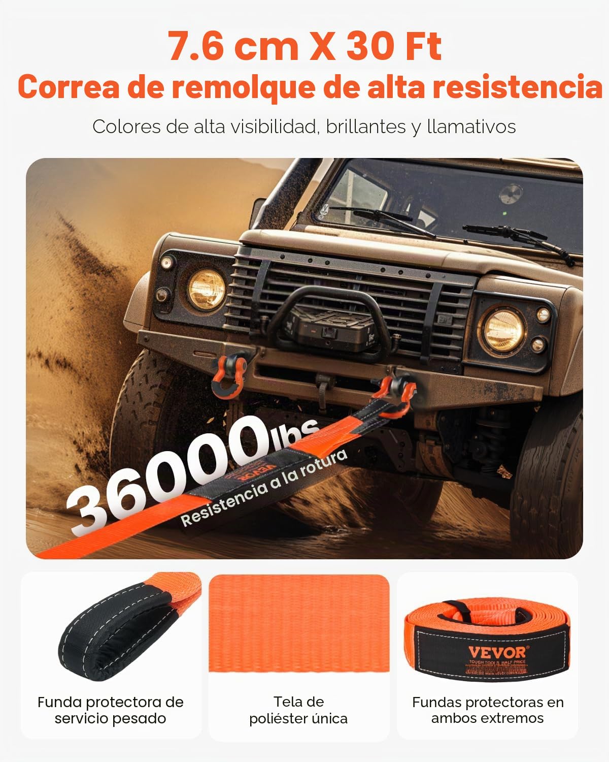 VEVOR Kit de Recuperación de Correas de Remolque, 76,2 mm x 9,1 m Capacidad de 16329 kg Correa de Cabrestante con Fundas Protectoras y Bolsa de Almacenamiento, Grilletes de Anilla en D para SUV, ATV