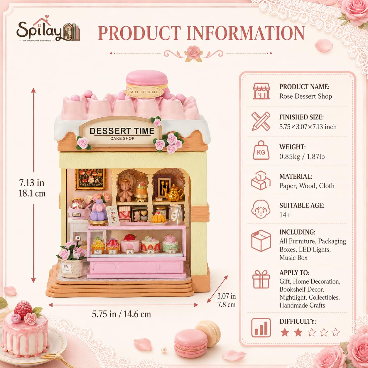 Spilay Miniatur Haus, Rose Dessert Shop DIY Miniature House mit LED-Licht, 3D Holz Puppenhaus Bastelset zum Entspannen & als Deko - Kreatives Geschenk (Weihnachten, Valentinstag, Geburtstag)