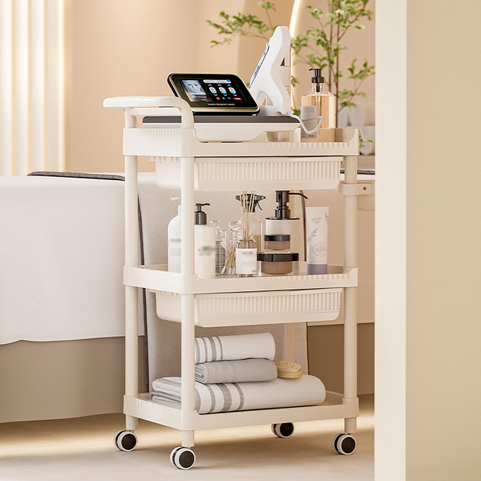 Carrello Estetista Professionale Con Ruote, 3 Ripiani Carrello Portaoggetti Mobile Beauty Salon Trolley, Carrello Parrucchiere Per Ospedale Casa