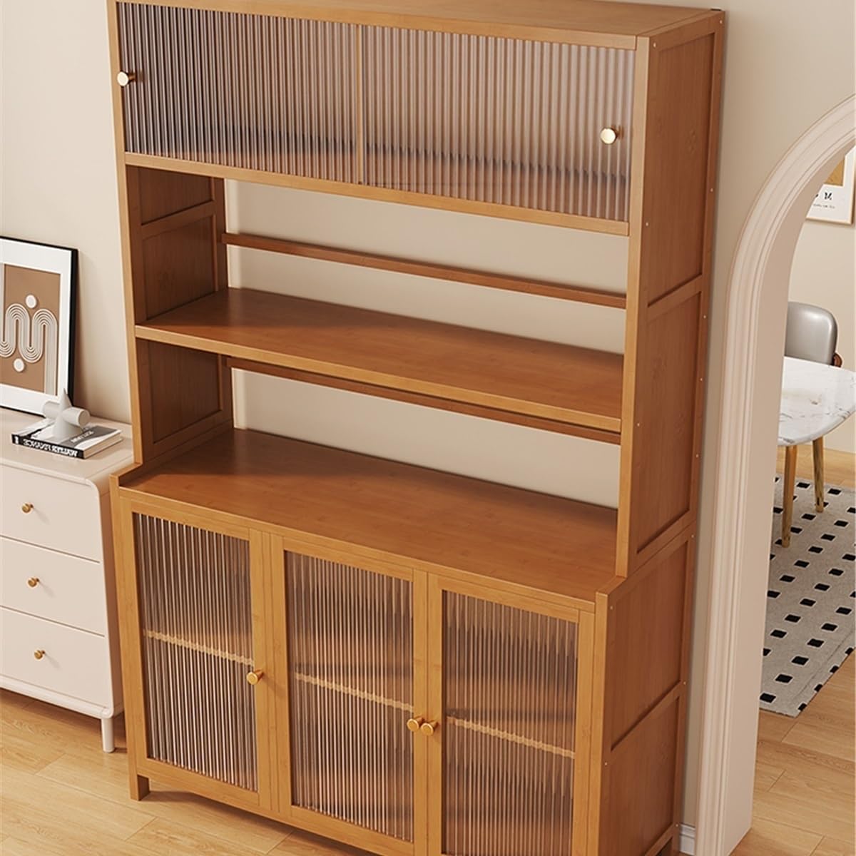 Cucina Credenza a parete con contenitore integrato in stile retrò, multifunzionale in soggiorno, anta in vetro Cassettiera