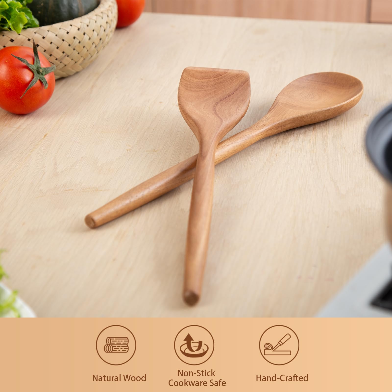 GinSent Cucharas de madera para cocinar, cucharas de madera de agarre cómodo de 14 pulgadas, utensilios de cocina de madera para agitar, raspar, voltear y servir, utensilios de cocina antiadherentes