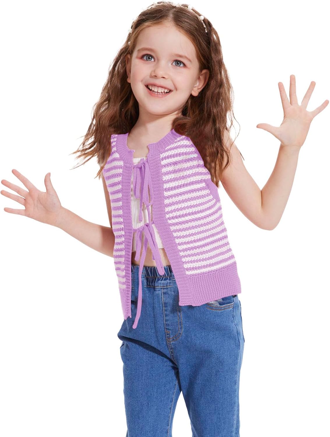 Girls Sweater Vest Kids Casual Sleeveless Crochet Tops Color Block Tie Back Knit Tank Tops - Image 4