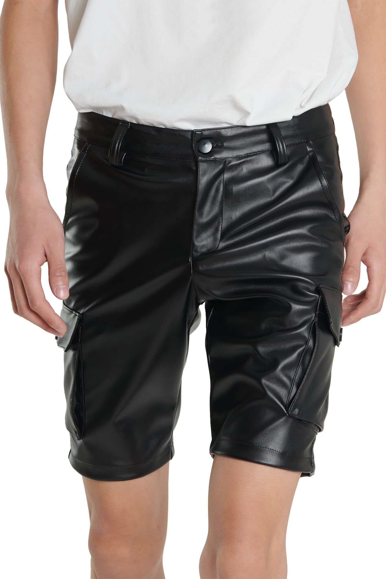 AIEOE Męskie skórzane szorty, luźne, ze sztucznej skóry, bojówki, szorty, punk, retro, na zewnątrz, gotyckie, na co dzień, klasyczne skórzane spodnie z kieszeniami