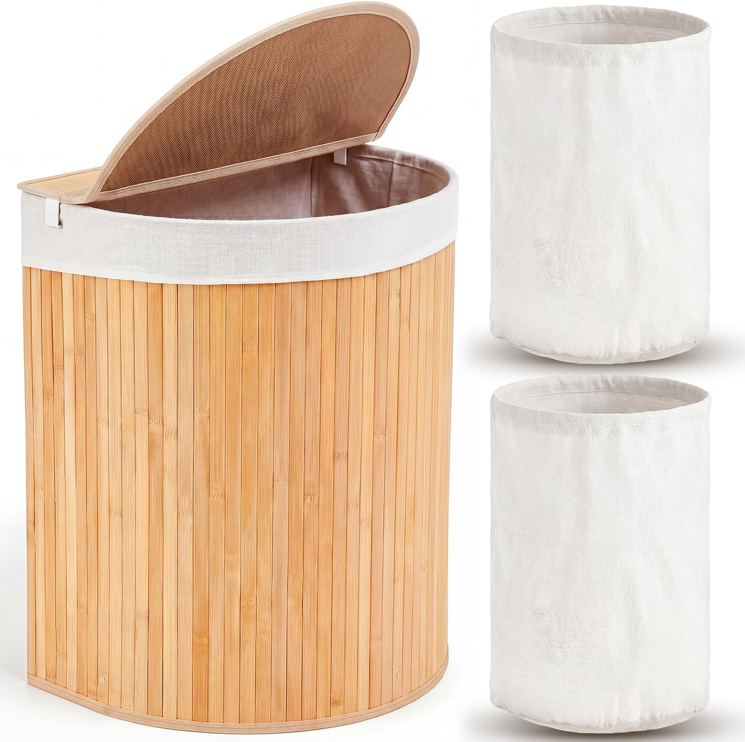 Gueevin Corner Laundry Hamper with Lid and 2 Removable Cloth Liners Bamboo Laundry Basket Collapsible Clothes Basket Bin for Bedroom Bathroom Living Room (Wood,14 x 14 x 24.5 inches)