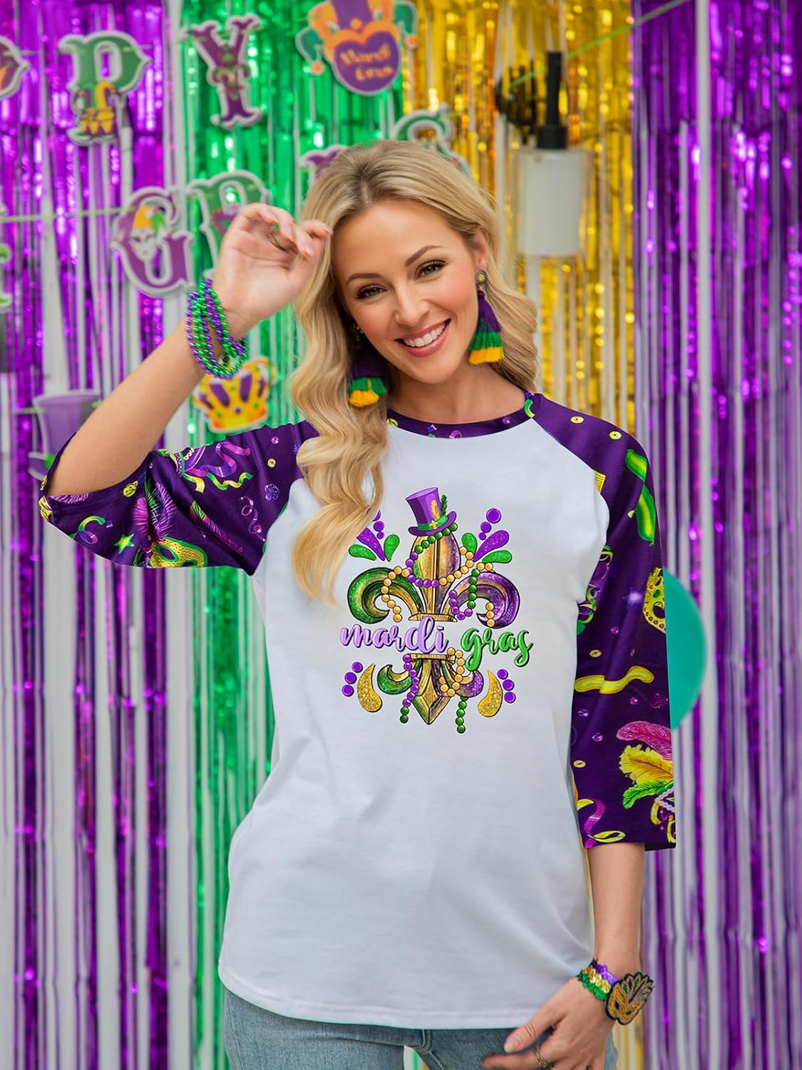 Women Mardi Shirt 3/4 Sleeve Fat Tuesday Tshirt New Orleans Party Mask Graphic Outfits - Image 2