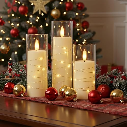 Miniatura 4 de Raycare Velas LED sin llama con cuerda de estrella incrustada, 7 velas de pilar acrílicas a pilas con temporizador y control remoto, parpadeantes